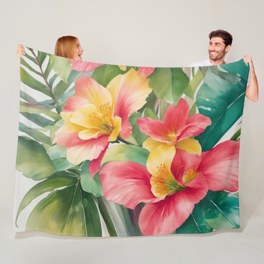 Couverture Polaire Fleurs tropicales roses et feuillage (En situation)