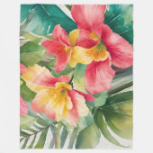 Couverture Polaire Fleurs tropicales roses et feuillage (Devant)