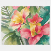 Couverture Polaire Fleurs tropicales roses et feuillage (Devant (Horizontal))