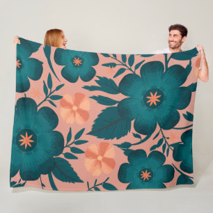 Couverture Polaire Fleurs turquoises et de Pêche sur un Arrière - pla