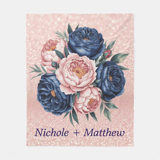 Couverture Polaire Floral bleu marine et or Rose (Devant)