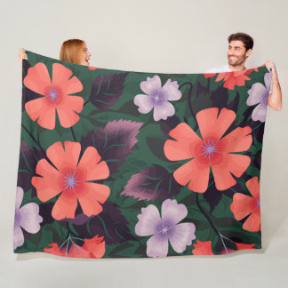 Couverture Polaire Floral corail et violet avec Feuilles foncés