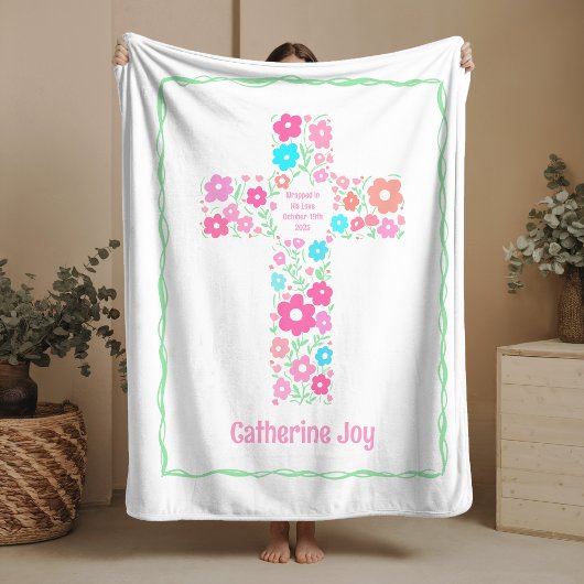 Couverture Polaire Floral Cross Baptism Baby Blanket Christening Gift