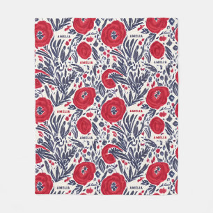 Couverture Polaire Floral Rouge Blanc & Bleu Motif botanique