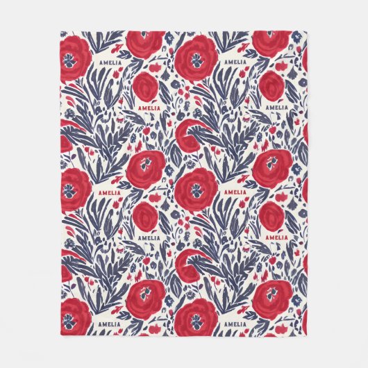 Couverture Polaire Floral Rouge Blanc & Bleu Motif botanique (Devant)