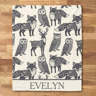 Couverture Polaire  Floral Silhouette Fox, Deer, and Owl Folk Art