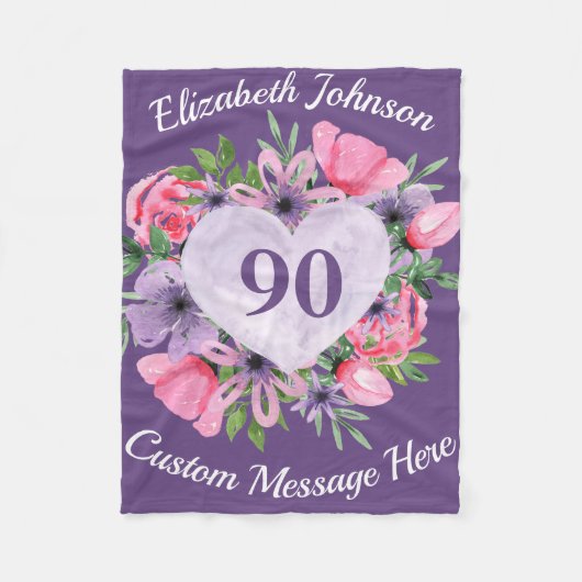 Couverture Polaire Floral violet 90e Anniversaire blanc pour femmes (Devant)