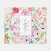 Couverture Polaire Floraux rose aquarelle nom de famille monogrammed (Devant (Horizontal))
