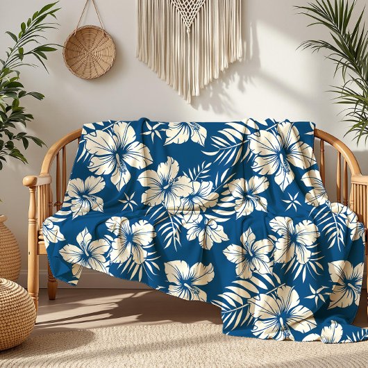 Couverture Polaire Flore bleu tropical et blanc