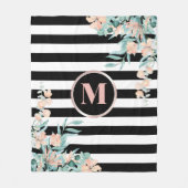 Couverture Polaire Flore floue sur bande noire et blanche Monogramme (Devant)