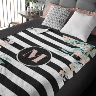 Couverture Polaire Flore floue sur bande noire et blanche Monogramme