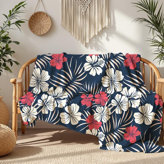 Couverture Polaire Flore tropicale rose et marine