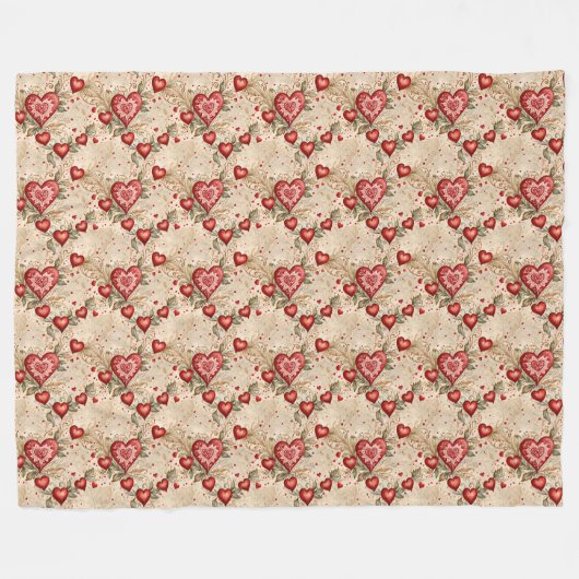 Couverture Polaire Folk Art Red Hearts (Devant (Horizontal))