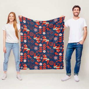 Couverture Polaire Folk Art Rouge suédois Dala Horse Floral Sur Bleu