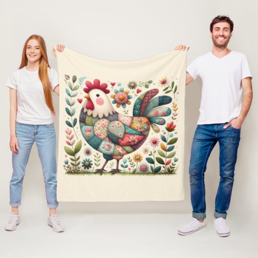 Couverture Polaire Folk Patchwork Rooster with Floral Accents (En situation)
