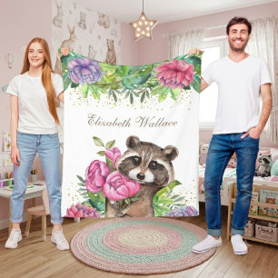 Couverture Polaire Forêt Boisée Rustique Fleur Mignonne Raton Laveur