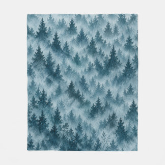 Couverture Polaire Forêt de pins bleu givré motif aquarelle