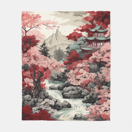 Couverture Polaire Forêt japonaise en fleurs de cerisier Blanche (Devant)