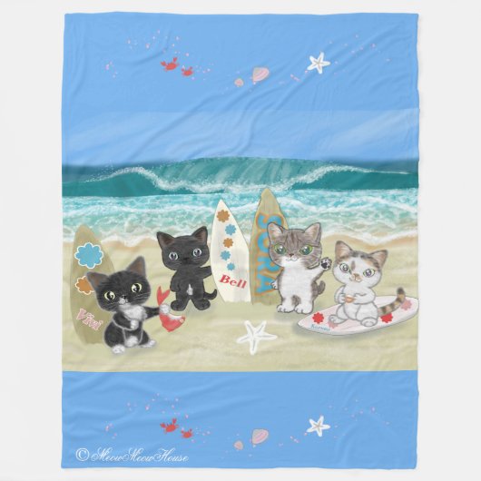 Couverture Polaire Four Surfing cats on the beach (Devant)