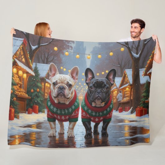 Couverture Polaire French Bulldogs Christmas Snow Holiday (En situation)