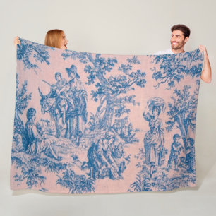Couverture Polaire French toile de jouy bleu et rose élégant