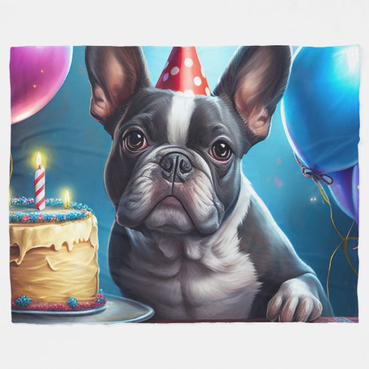 Couverture Polaire Frenchie Birthday Bash : Un mignon Bulldog françai (Devant (Horizontal))