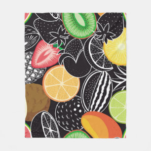 Couverture Polaire Fruits tropicaux colorés, fond noir.