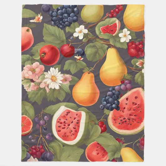 Couverture Polaire Fruits variés, Feuilles luxuriants et fleurs merve (Devant)