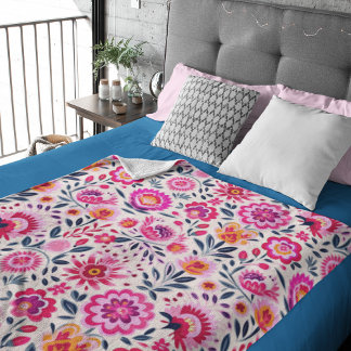 Couverture Polaire Fuchsia Fleurs mexicaines Motif Vibrant