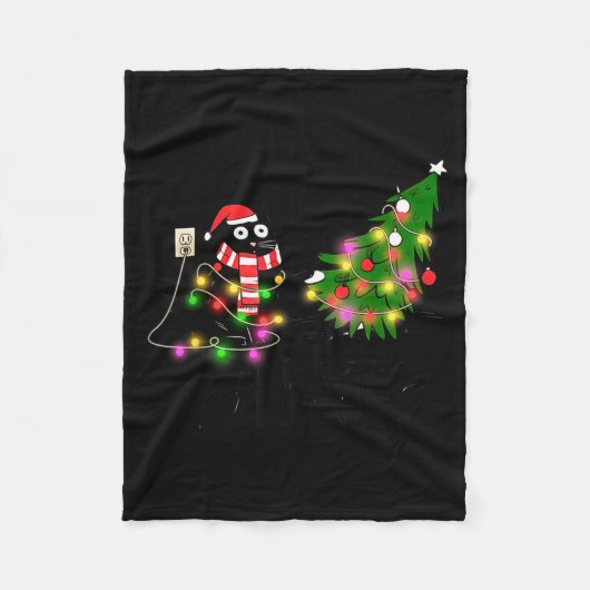 Couverture Polaire Funny Black Cat Gift Pushing Christmas Tree Over C (Devant)