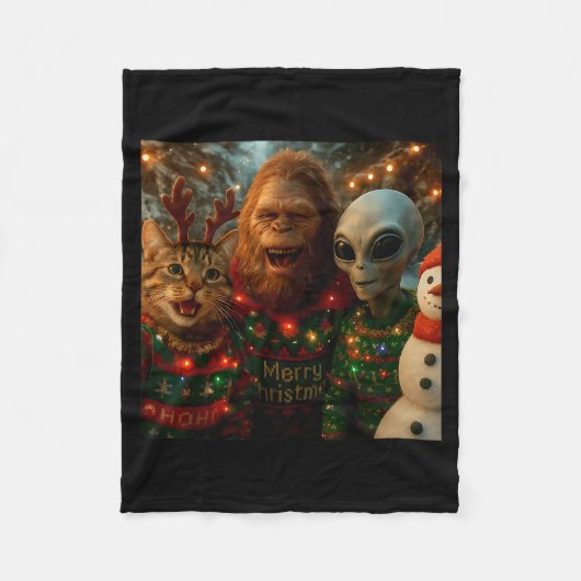 Couverture Polaire Funny Christmas Cat Selfie With Bigfoot Alien Ugly (Devant)
