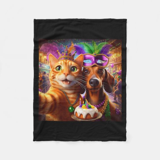 Couverture Polaire Funny Mardi Gras Cat Dachshund Selfie Squad (Devant)