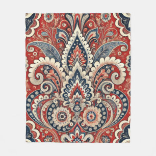 Couverture Polaire Fusion florale Paisley en rouge, blanc et bleu