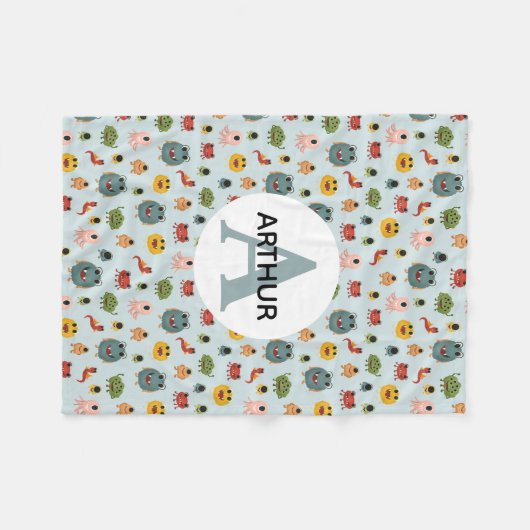 Couverture Polaire Garçons Bleu mignon Monstre Alien Monogramme Enfan (Devant (Horizontal))