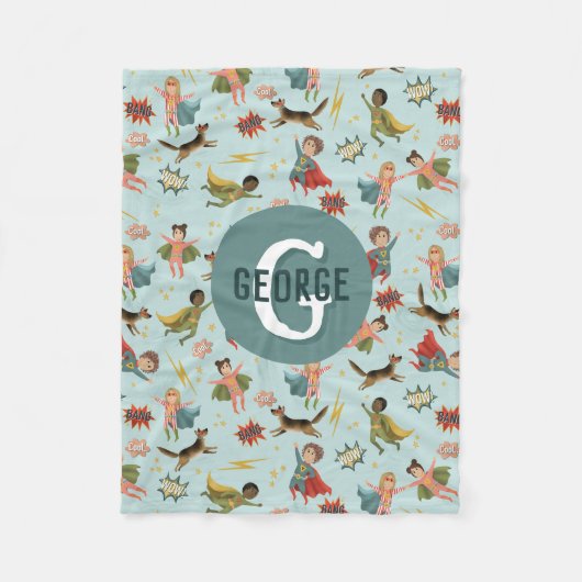 Couverture Polaire Garçons Cool Superhero Motif Monogramme Nom Enfant (Devant)