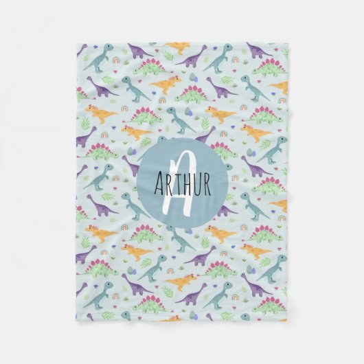 Couverture Polaire Garçons Cute Blue Dinosaur Motif & Nom Enfants (Devant)