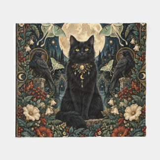 Couverture Polaire Gato Negro Gótico Celestial con Luna y Cuervos.