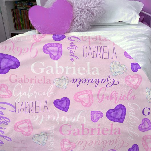 Couverture Polaire Gemstones hearts custom name pastel pink purple