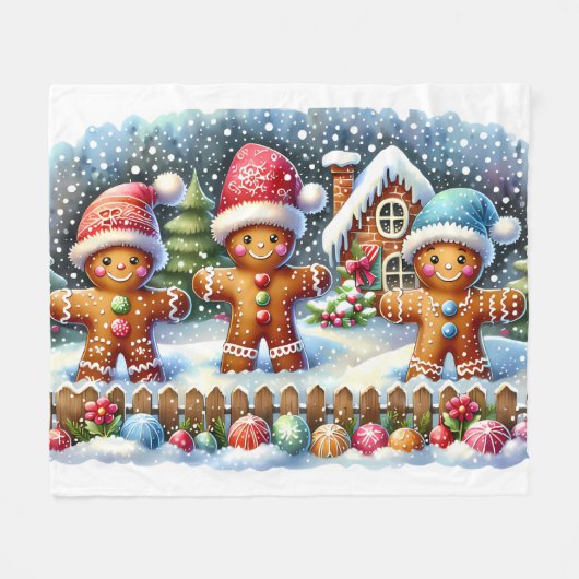 Couverture Polaire Gingerbread Family Snowy Christmas Scene (Devant (Horizontal))
