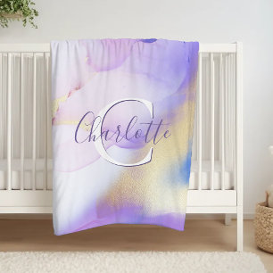 Couverture Polaire Glam Lilac Gold Abstrait Peinture Élégant Monogram