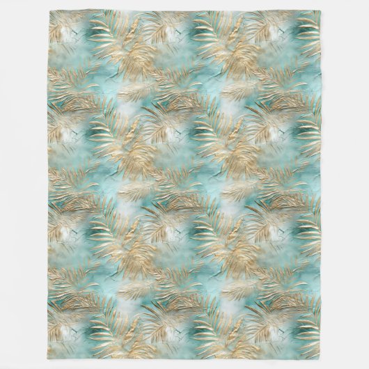 Couverture Polaire Gold Aqua White Feuilles tropicaux (Devant)