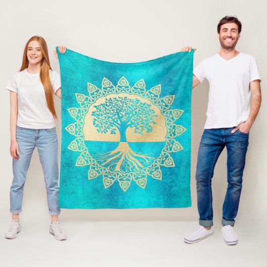 Couverture Polaire Gold Tree of Life sur Turquoise (En situation)