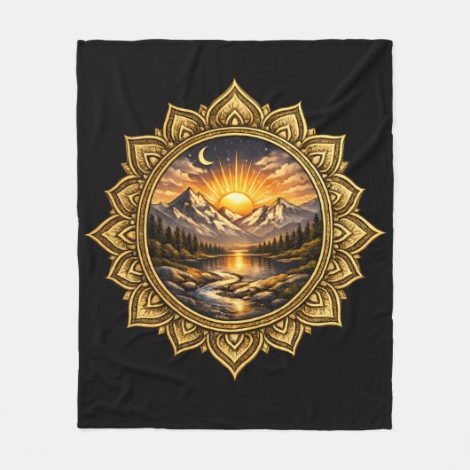 Couverture Polaire Golden Boho Mandala Mountain Sunset Art | Black (Devant)