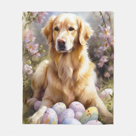 Couverture Polaire Golden Retriever avec oeufs de Pâques (Devant)