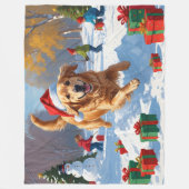 Couverture Polaire Golden Retriever en neige avec Casquette de Noël (Devant)