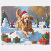Couverture Polaire Golden Retriever en neige avec Casquette de Noël (Devant (Horizontal))