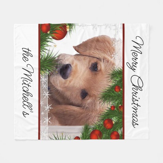 Couverture Polaire Golden Retriever Noël - Chien mignon chiot (Devant (Horizontal))