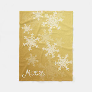 Couverture Polaire Golden White Snowflakes Minimaliste Nom de Noël
