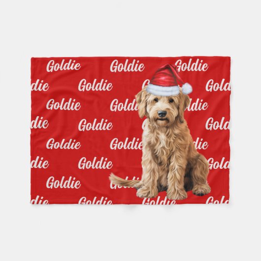 Couverture Polaire Goldendoodle sur rouge avec nom Chien de Noël (Devant (Horizontal))