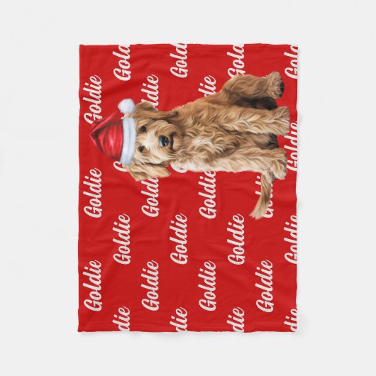 Couverture Polaire Goldendoodle sur rouge avec nom Chien de Noël (Devant)